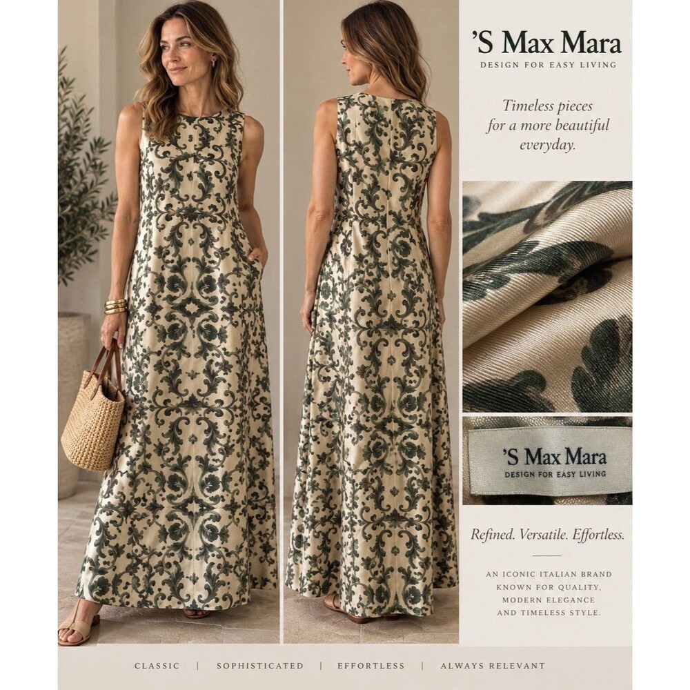 S Max Mara Cosmo 100% Silk Twill Printed Maxi Dress Green/Ivory IT 48 $900retail